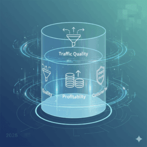 一張動態且專業的數位視覺設計圖。圖片的主體是一個巨大的、半透明的三維圓柱體，它被巧妙地分成三個部分，每個部分代表一個核心支柱：流量品質（用流動的箭頭或漏斗符號表示）、盈利能力（用金幣堆疊或向上箭頭的圖示表示）、和客戶信任（用盾牌或星級評分符號表示）。這些符號以簡潔的線條藝術風格呈現。 圓柱體周圍環繞著抽象的數據流動線條和微光，象徵著數據的分析和轉化過程。背景是柔和的藍綠色漸變，帶有科技感的幾何圖形。整體色調現代、專業，給人一種洞察未來、掌握全局的感覺。圖片右上角或左下角可以有一個微弱的「2025」字樣，強化時間感。 Alt Text: 2025亞馬遜數據分析終極指南的特色圖片，以科技感視覺呈現流量品質、盈利能力和客戶信任三大核心支柱，象徵數據轉化為市場主導力