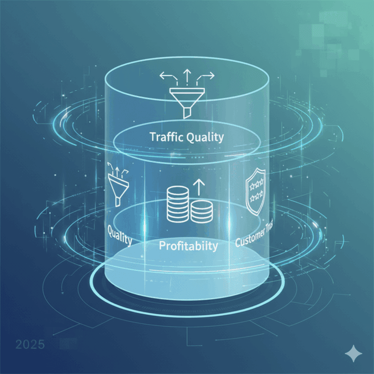 一張動態且專業的數位視覺設計圖。圖片的主體是一個巨大的、半透明的三維圓柱體，它被巧妙地分成三個部分，每個部分代表一個核心支柱：流量品質（用流動的箭頭或漏斗符號表示）、盈利能力（用金幣堆疊或向上箭頭的圖示表示）、和客戶信任（用盾牌或星級評分符號表示）。這些符號以簡潔的線條藝術風格呈現。 圓柱體周圍環繞著抽象的數據流動線條和微光，象徵著數據的分析和轉化過程。背景是柔和的藍綠色漸變，帶有科技感的幾何圖形。整體色調現代、專業，給人一種洞察未來、掌握全局的感覺。圖片右上角或左下角可以有一個微弱的「2025」字樣，強化時間感。 Alt Text: 2025亞馬遜數據分析終極指南的特色圖片，以科技感視覺呈現流量品質、盈利能力和客戶信任三大核心支柱，象徵數據轉化為市場主導力