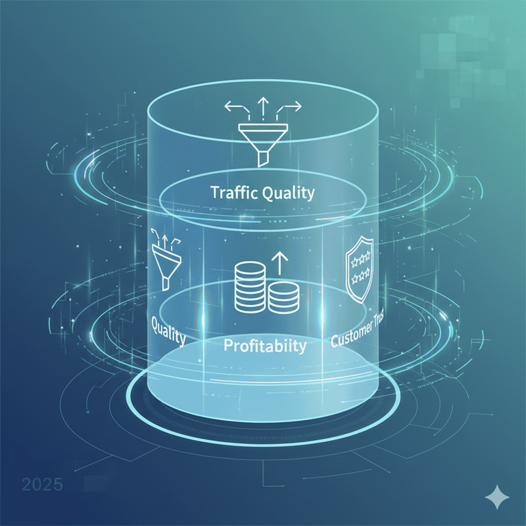 一張動態且專業的數位視覺設計圖。圖片的主體是一個巨大的、半透明的三維圓柱體，它被巧妙地分成三個部分，每個部分代表一個核心支柱：流量品質（用流動的箭頭或漏斗符號表示）、盈利能力（用金幣堆疊或向上箭頭的圖示表示）、和客戶信任（用盾牌或星級評分符號表示）。這些符號以簡潔的線條藝術風格呈現。 圓柱體周圍環繞著抽象的數據流動線條和微光，象徵著數據的分析和轉化過程。背景是柔和的藍綠色漸變，帶有科技感的幾何圖形。整體色調現代、專業，給人一種洞察未來、掌握全局的感覺。圖片右上角或左下角可以有一個微弱的「2025」字樣，強化時間感。 Alt Text: 2025亞馬遜數據分析終極指南的特色圖片，以科技感視覺呈現流量品質、盈利能力和客戶信任三大核心支柱，象徵數據轉化為市場主導力