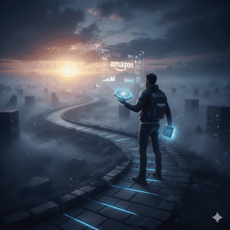A person with an Amazon backpack holding a holographic tablet with data displays, standing on a winding path amidst misty mountains towards a rising sun, symbolizing perseverance and learning.